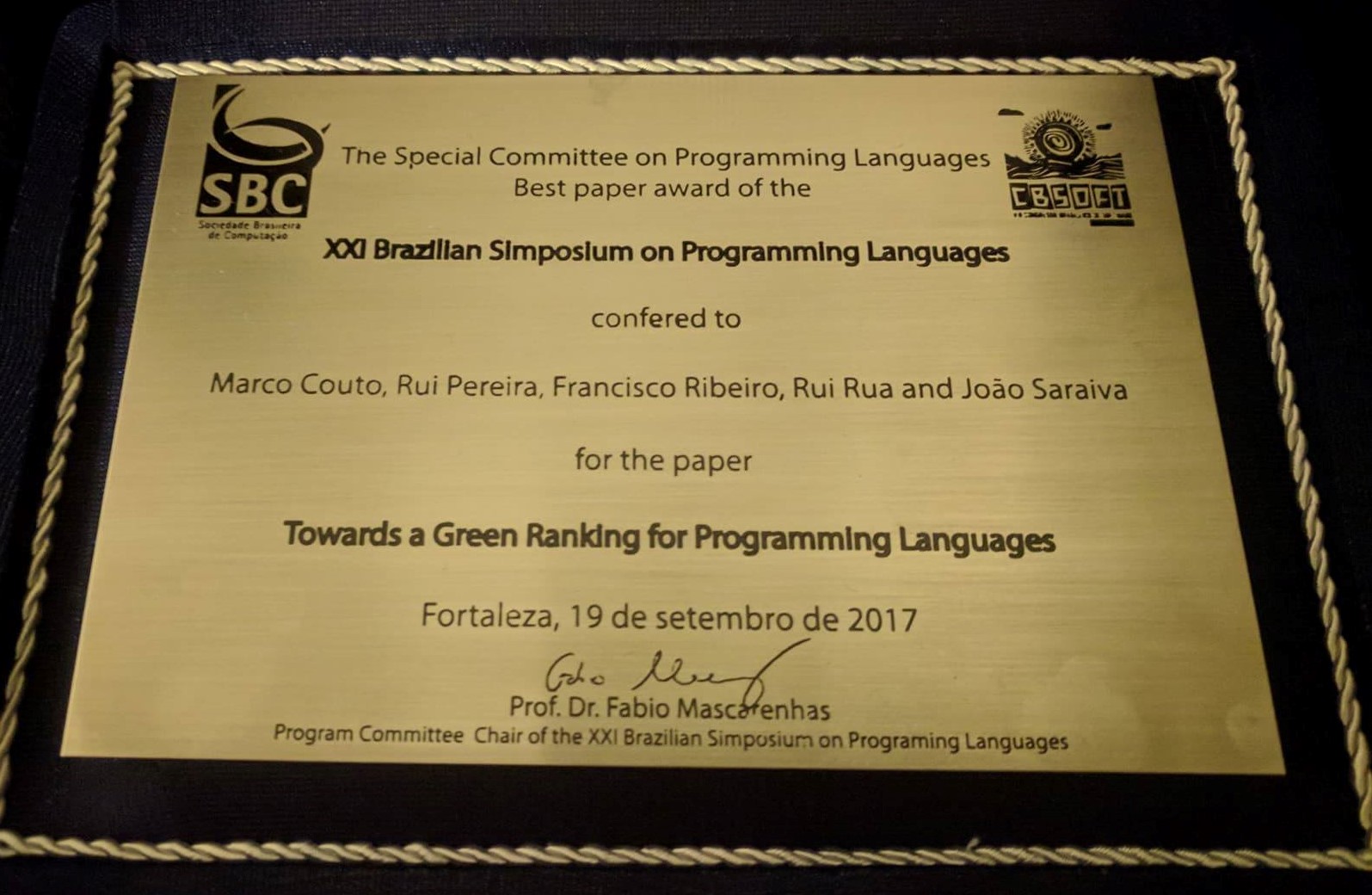 Paper on energy efficiency in programming languages receives Best Paper Award